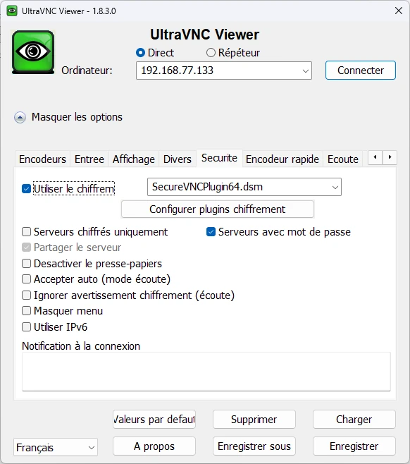 Configuration du client UltraVNC avec le plugin SecureVNC activé