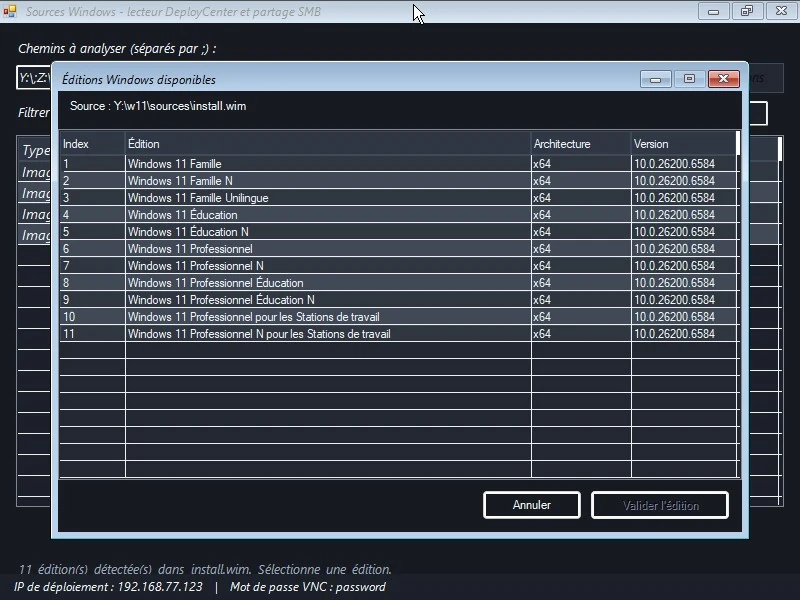 Sélection d’une édition Windows dans une image WIM